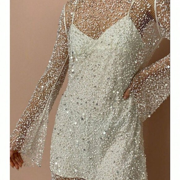 White Elegant Women's Glitter Crystal Two Piece Mini Dress - Picture 8 of 8